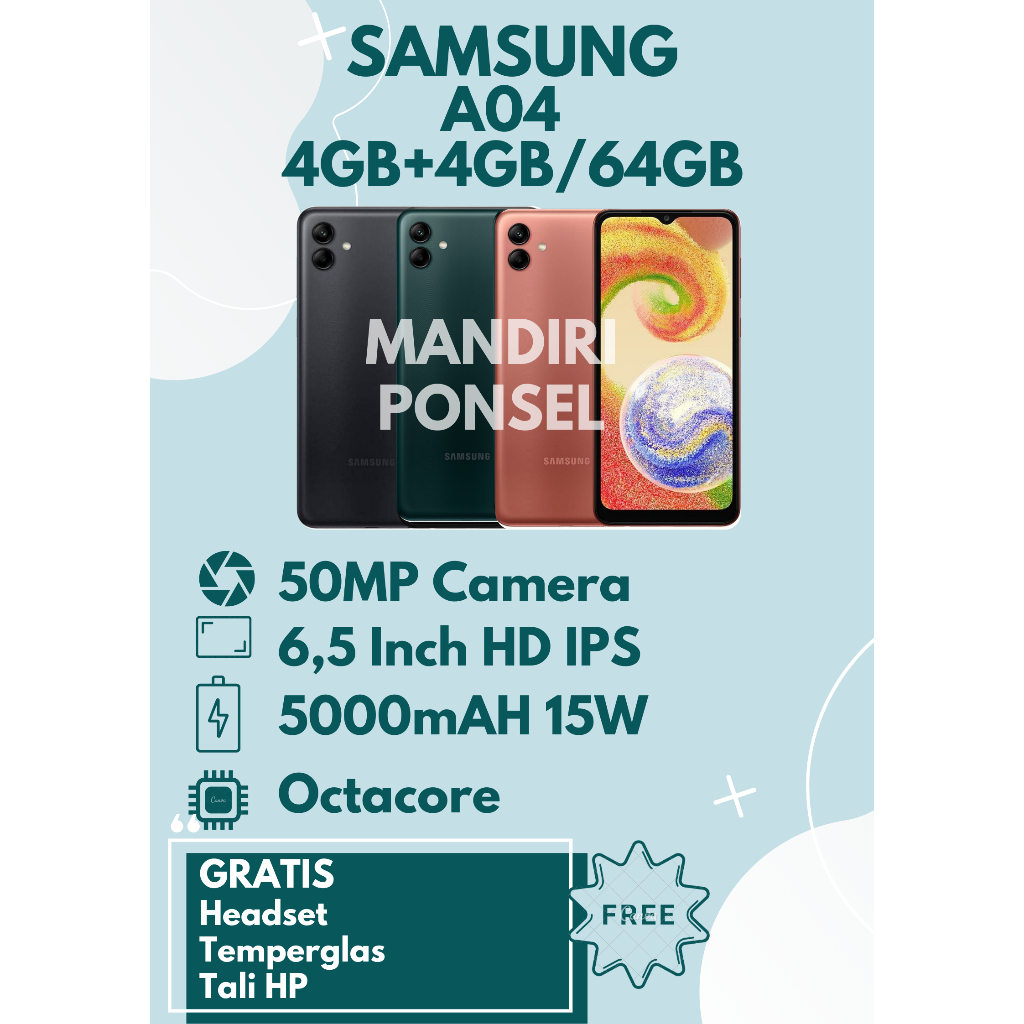 SAMSUNG A04 RAM8GB (4+4 EXTEND/64GB) GRATIS HEADSET, TEMPERGLAS dan TALI HP