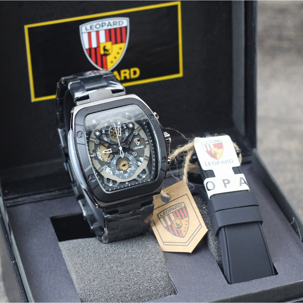 Jam tangan Leopard 8802MC tali rantai free rubber tanggal chrono sport aktif original pria