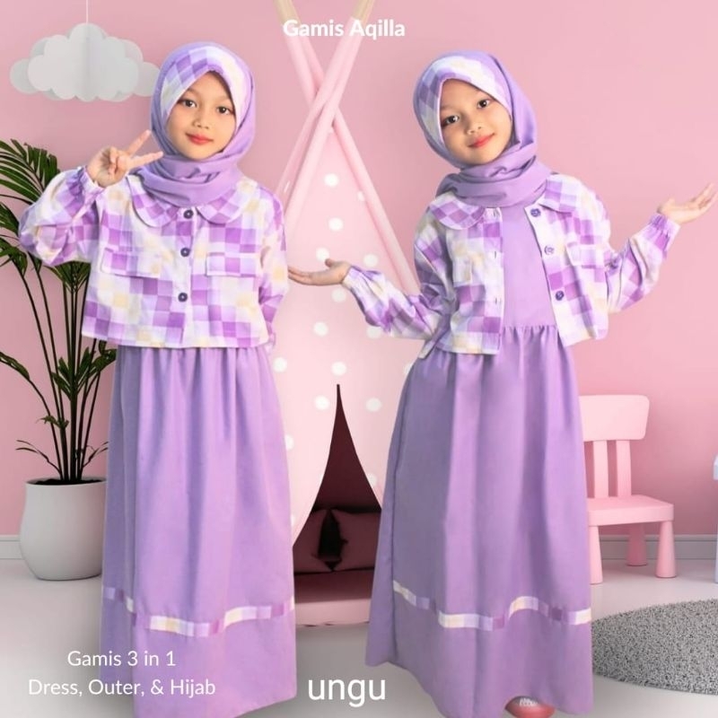 dress outer anak 3in1 4-12 tahun / gamis outer anak tanggung- free hijab