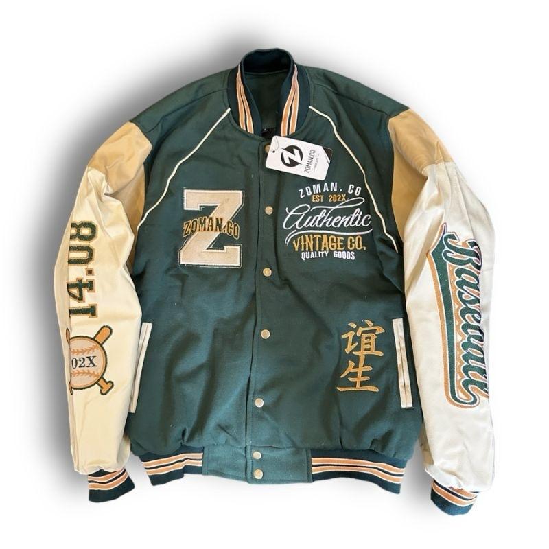 Varsity Bomber Fleece Kombinasi Lengan Kulit | Jaket Vintage Full Bordir