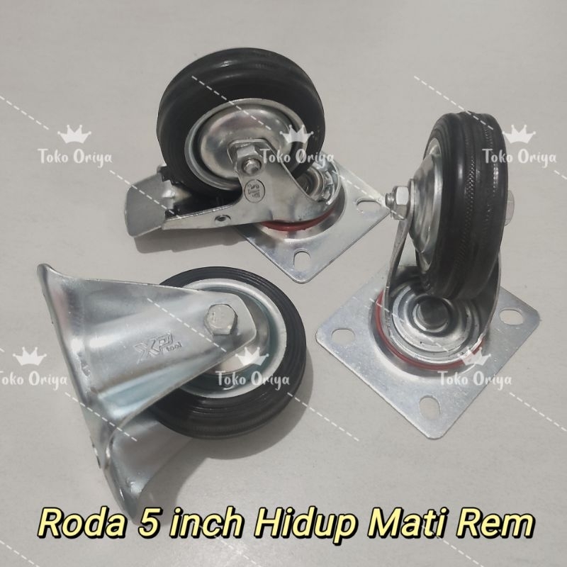 roda trolley karet 5 inch Hidup Rem Mati / roda karet hidup