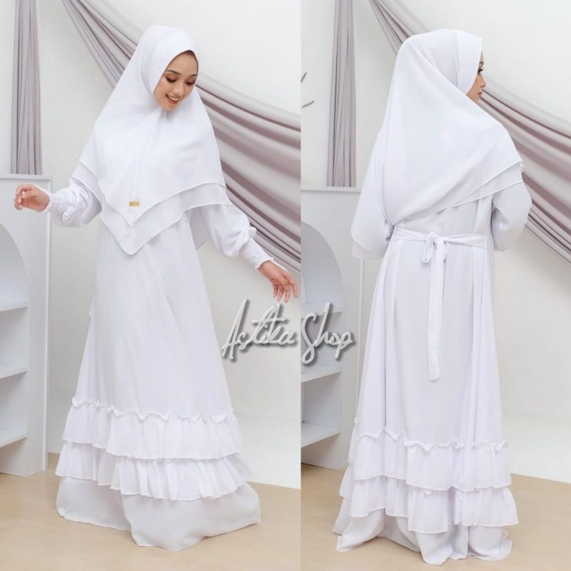 GAMIS UMROH PUTIH SYAR'I SET JILBAB CERUTY BABYDOLL PREMIUM/ GAMIS PUTIH PENGAJIAN