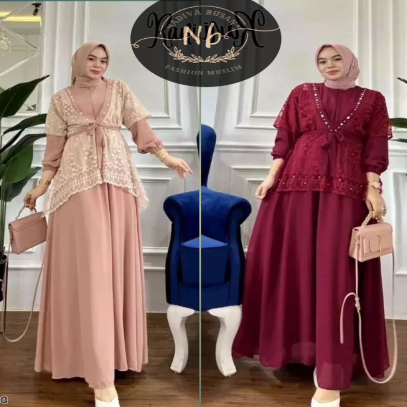 Dress Wanita Set Inner Dan Outer Brukat Gamis Premium Gamis Pesta Mewah Elegan Gamis Ceruty Babydoll Aplikasi Mutiara Azura Dress Gamis Terbaru 2023 Lebaran Wanita Baju Wanita Kondagan Kekinian