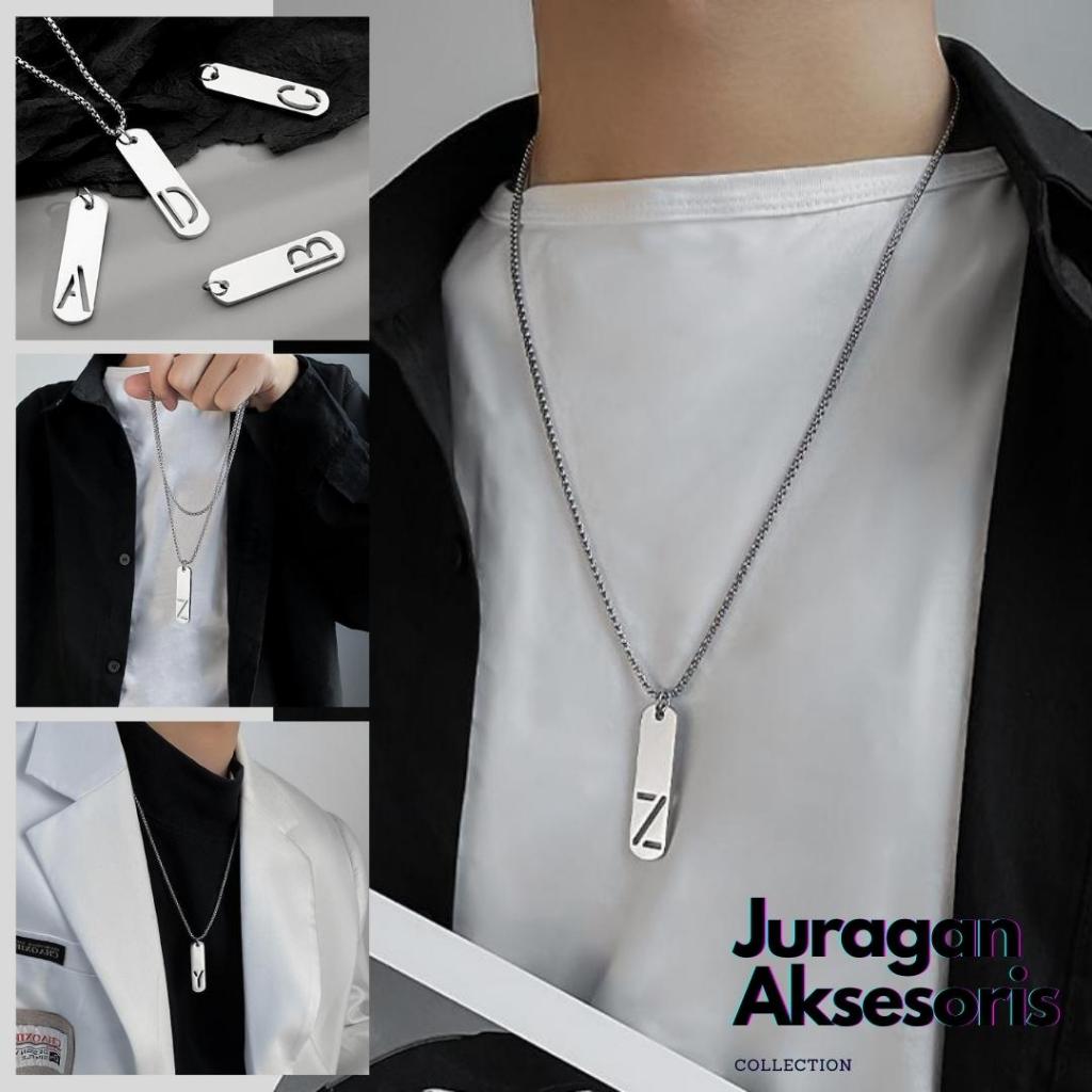 Kalung Huruf A-Z Titanium Pria Silver Steel Alphabet