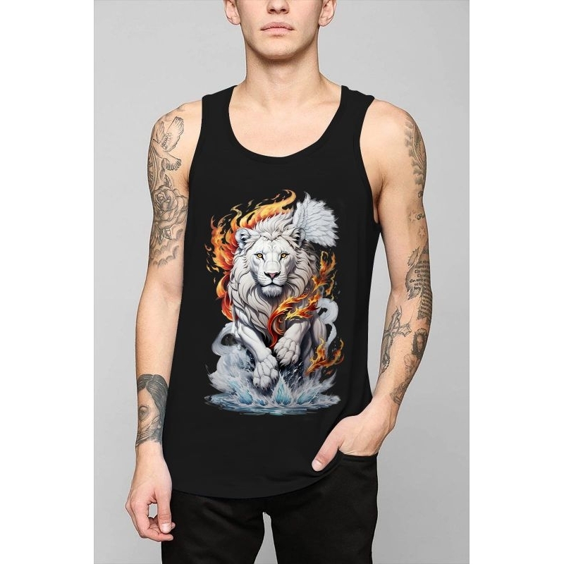 SINGLET PRIA KEREN MACAN PUTIH BER API - API KAOS DISTRO TERBARU