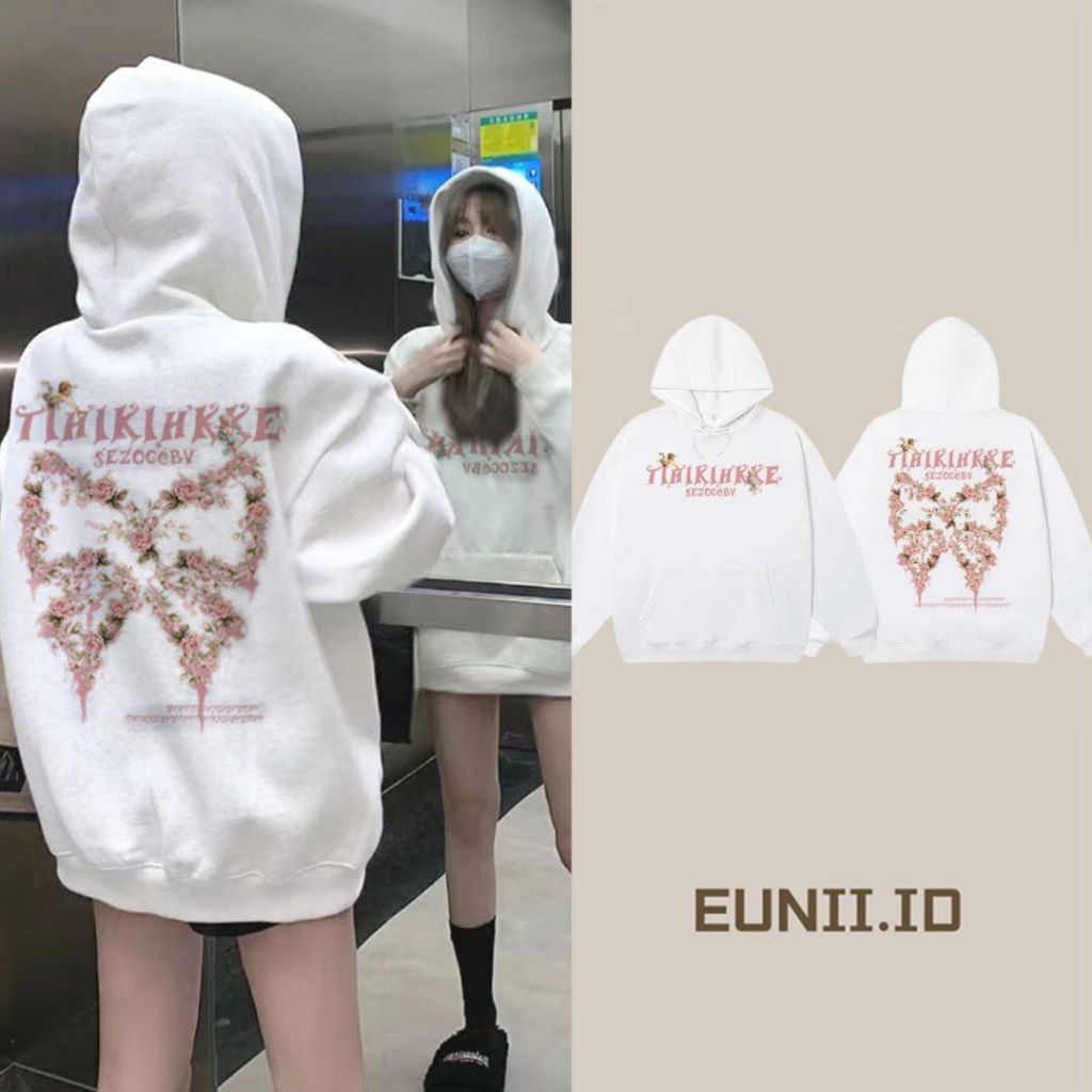 EUNII Hoodie Sweater Lengan Panjang  Oversized Pink Bow Korean Style/Sweater Crop/Baju Wanita/Switer
