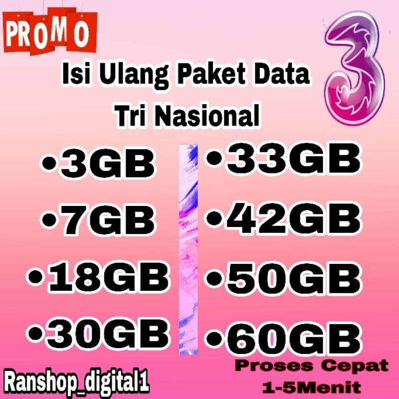 NEW PROMO Termurah Three 300GB 150GB 100GB 70GB  Isi Ulang Kuota Data Internet Tri Three 42GB 30Hari