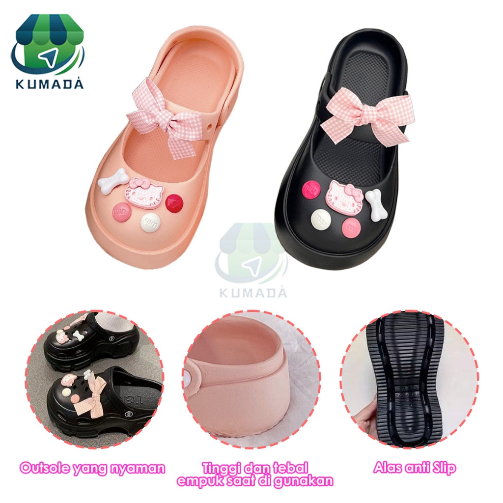 Sandal Kodok Dewasa Wanita  Sepatu Sendal Baim Wedges Platform PVC Dengan Assesoris Pita