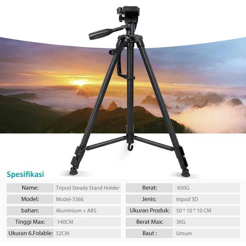 Tripod 3366 140cm Kamera/Handphone +Holder U dan Sarung Tripod-3