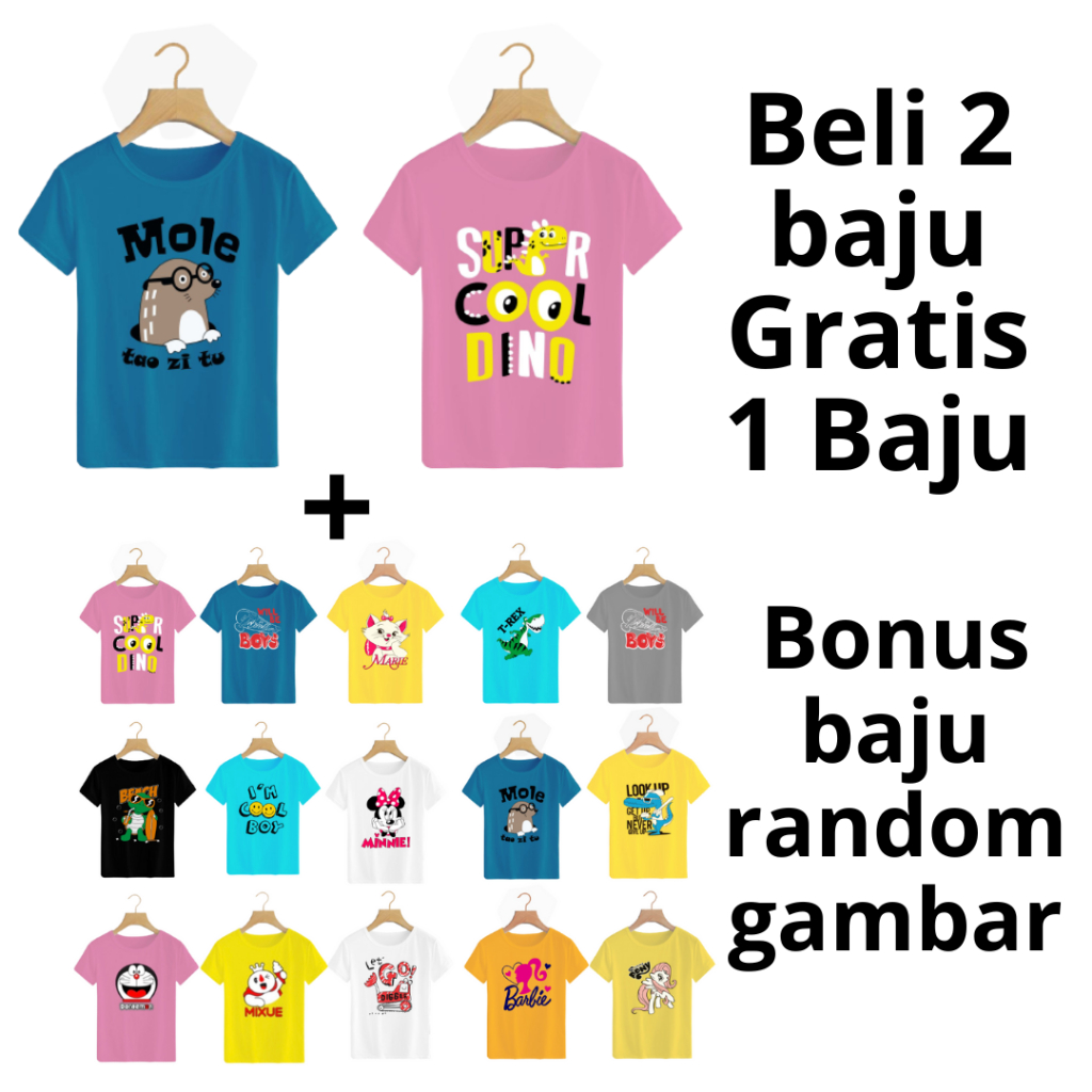 Baju anak beli 2 gratis 1 / baju anak laki laki / baju anak perempuan / baju kaos anak gambar lucu / baju anak bahan adem dan lembut