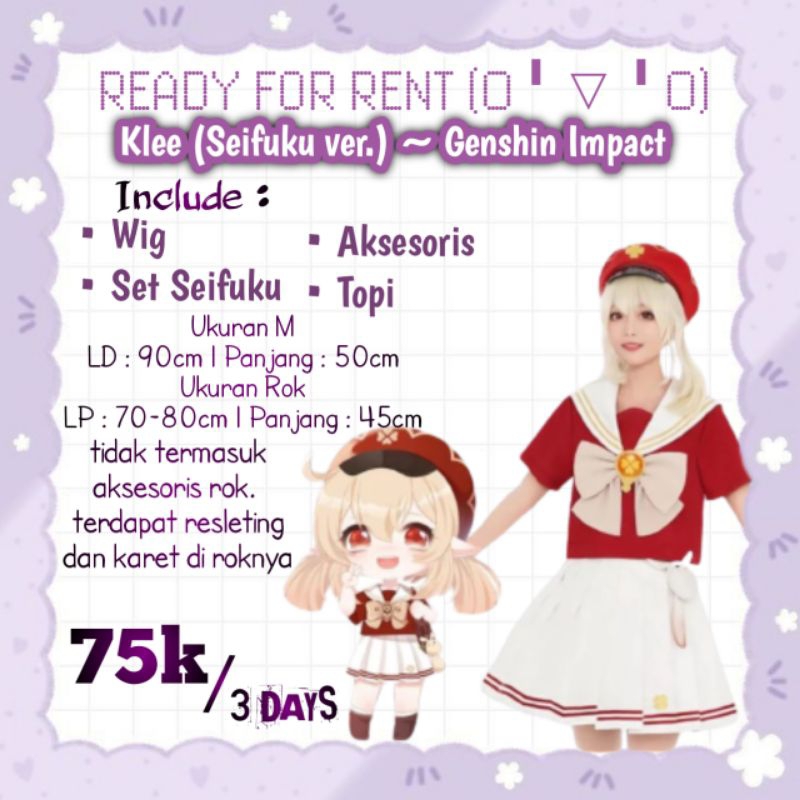 SEWA/RENTAL ONLY KLEE SEIFUKU VERSION GENSHIN IMPACT COSPLAY COSTUME ANIME COSPLAYER ANIME GAME COST
