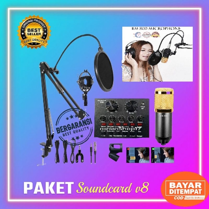 PAKET FULLSET MIC BM-800 BONUS SPLITER SOUNDCARD V8 / PAKET KUMPLIT MICROPHONE BM-800 / MIKROFON KOM