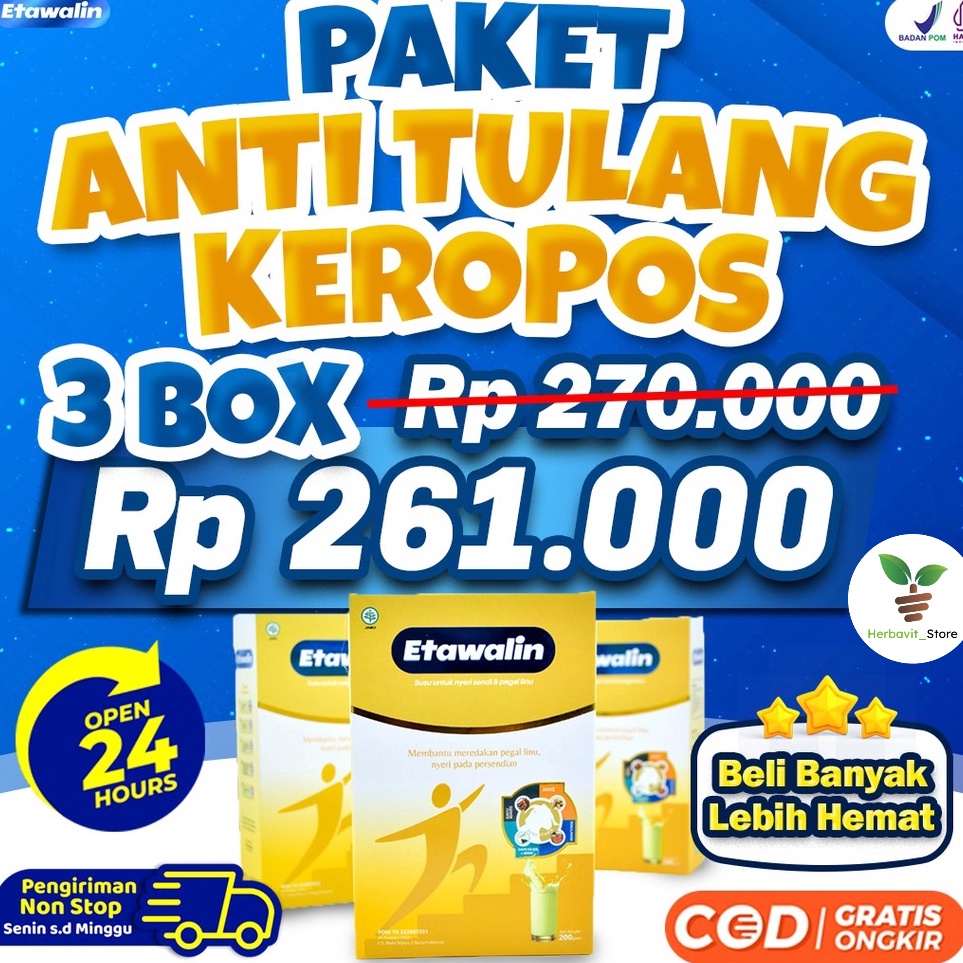 

Stok Banyak Paket 3 Box Susu Etawalin Original - Susu Etawa Bubuk Atasi Nyeri Pinggang Sendi Lutut Osteoarthritis Rematik Asam Urat Osteoporosis Aman Alami Halal BPOM Diskon