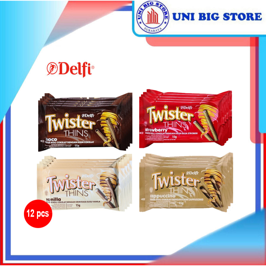 

Delfi Twister Thins Choco Cappucino Vanila Stroberi 15 gr x 12 pcs PACK