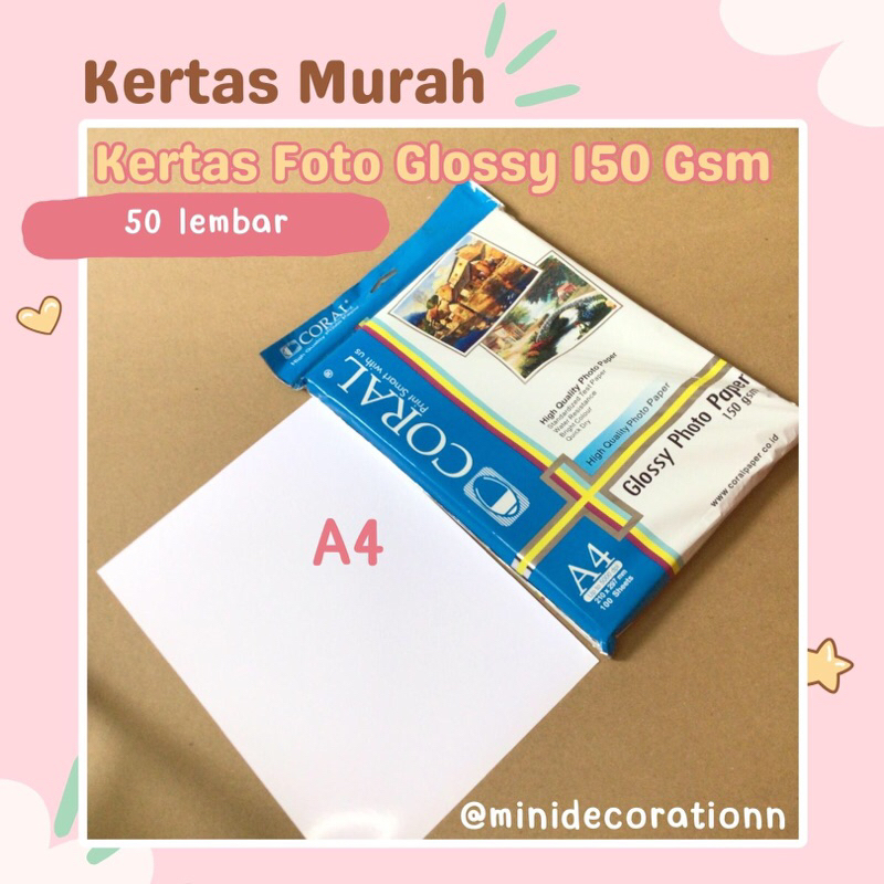 

50 LEMBAR KERTAS FOTO GLOSSY CORAL 150 GSM