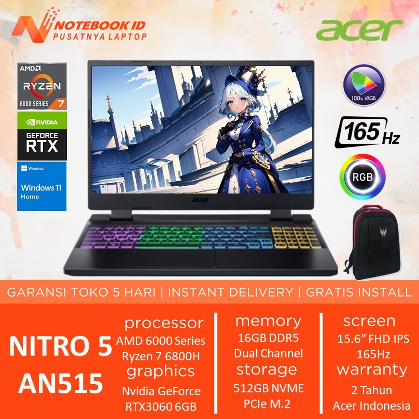 Laptop Gaming Acer Nitro 5 AN515 Ryzen 7 6800H RTX3060 6GB Ram 16GB 512GB SSD Win 11+OHS 15.6-inch FHD 165HZ