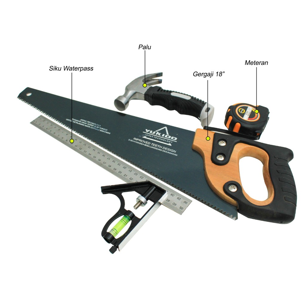 PAKET TUKANG TERMURAH -Gergaji kayu baja asli siap pakai-SIKU WATERPAS+PALU KAMBING+METERAN
