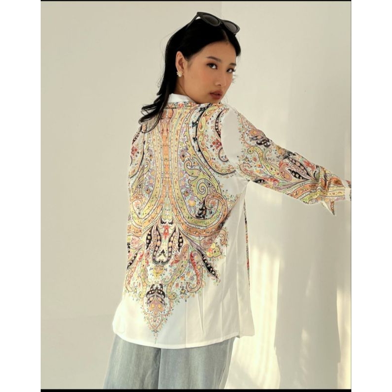 kemeja pattern silk wanita pink dose/baju satin silk/outer/kualitas premium/motif