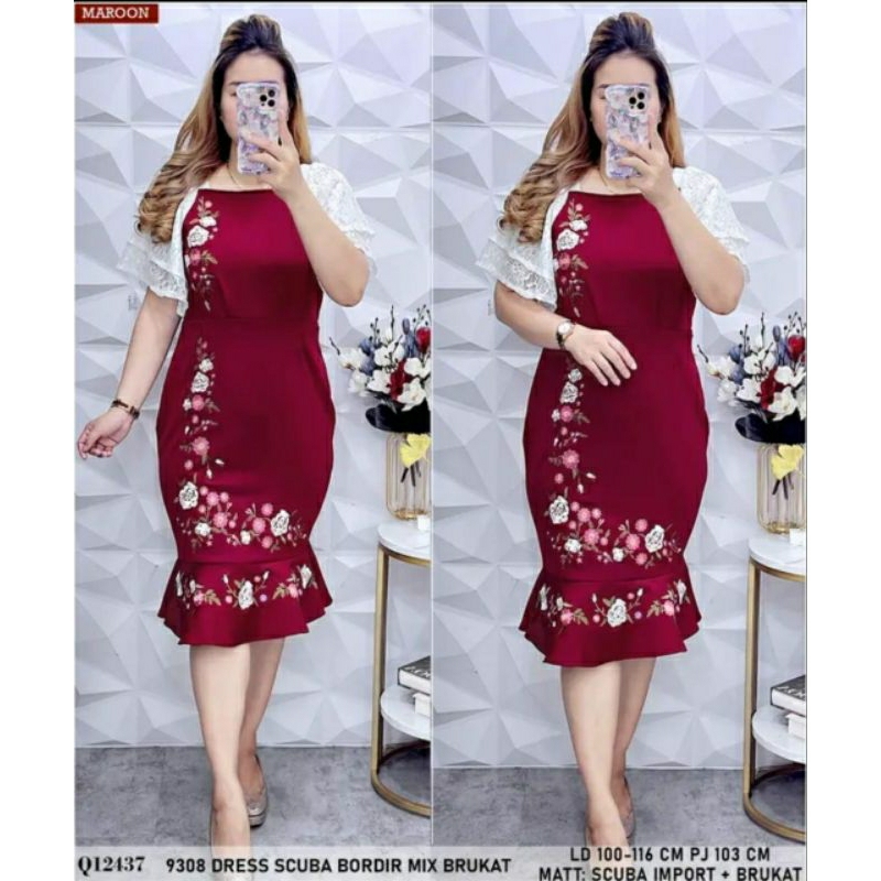 dress bordir anggun 9308 SCUBA BROKAT IMPORT motif bunga