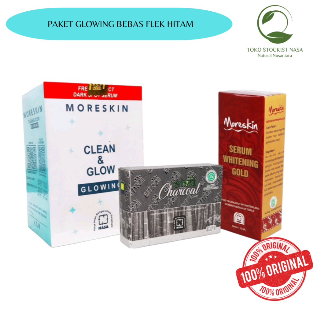 PAKET WAJAH GLOWING BEBAS FLEK HITAM Moreskin Clean and Glow Moreskin Serum Gold Ershali charcoal