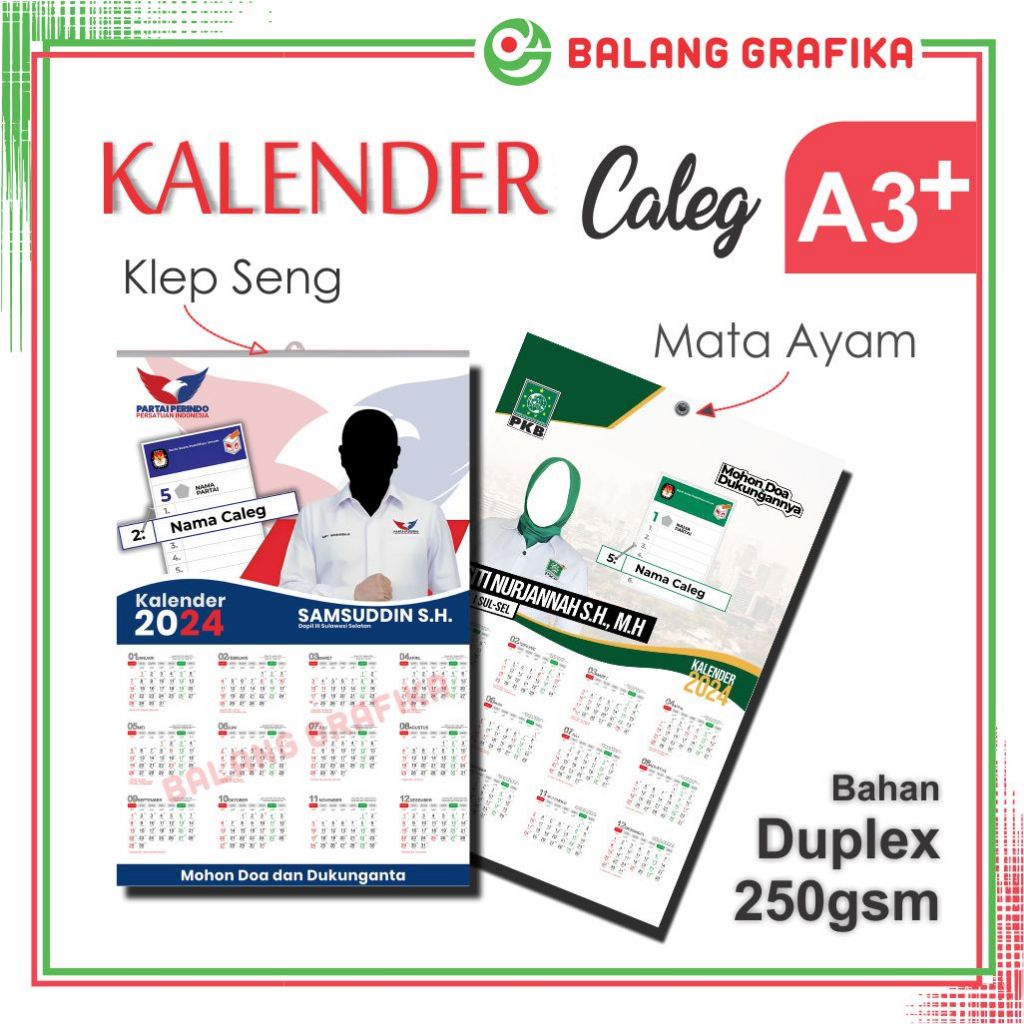 

Kalender Kampanye Kelender Caleg Calender Partai Bahan Duplex A3+ Balang Grafika