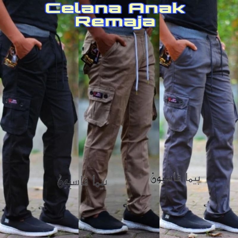 Celana Cargo anak remaja 8-15 tahun / celana panjang cinos hitam // Celana anak Rip kolor