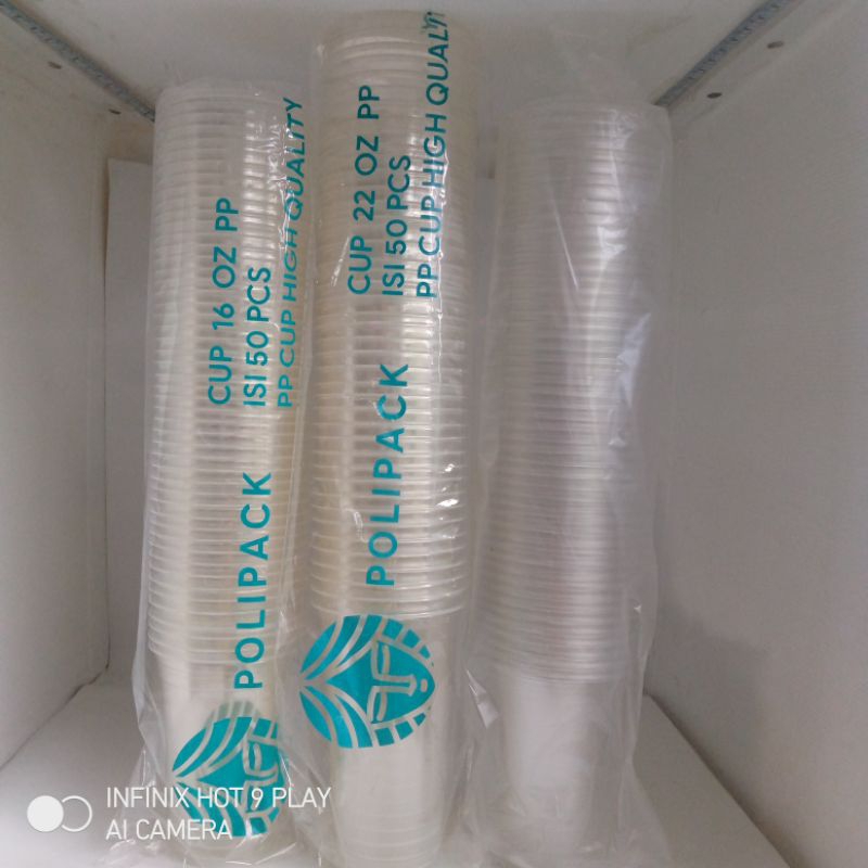 HP - Gelas Plastik Cup 14oz/16oz/22oz 7,5gr DATAR Bening POLOSAN Perslop isi 50pcs