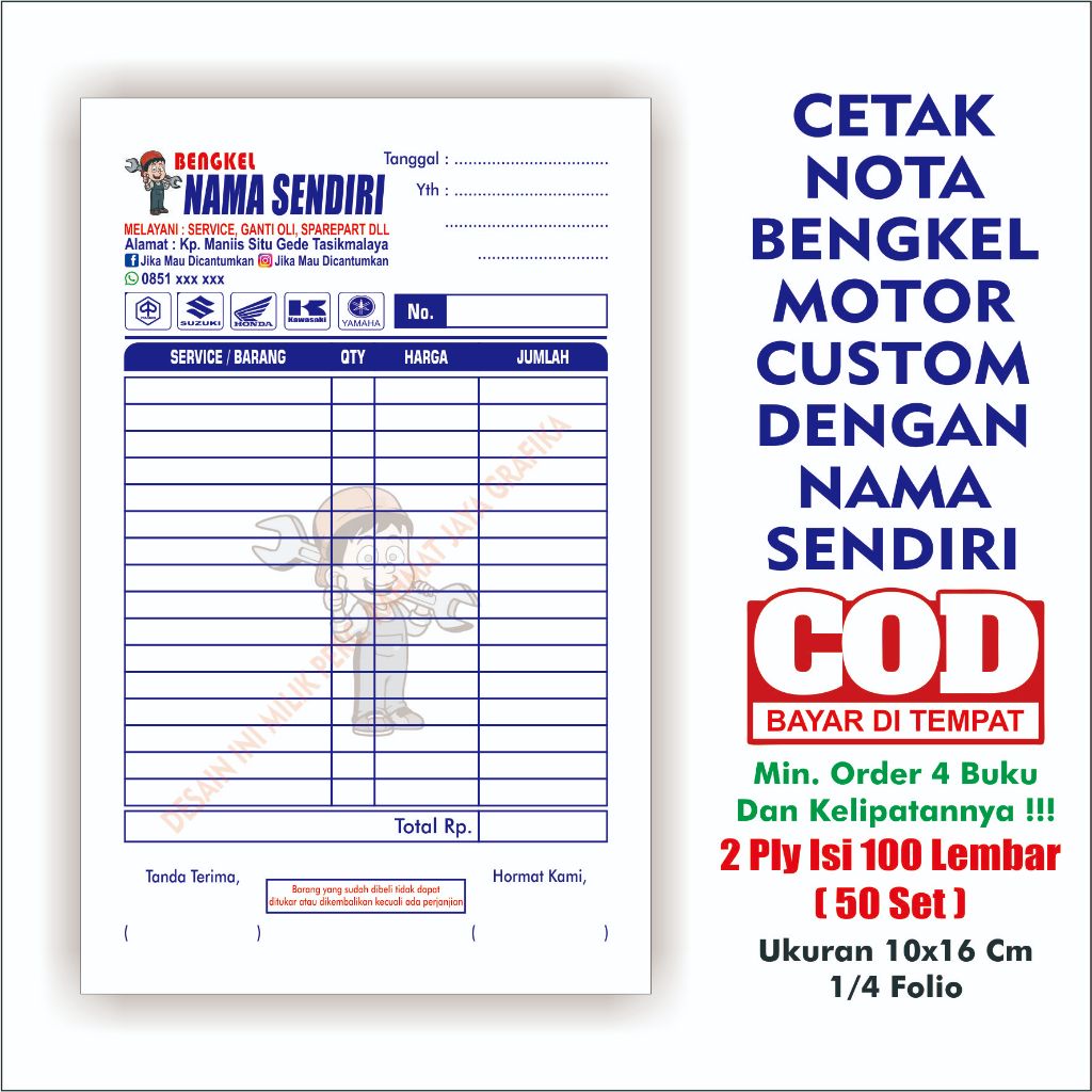 

CETAK NOTA BENGKEL MOTOR Custom 2 ply Nama Sendiri Free Desain Min. order 4 buku Rahmat Jaya Grafika