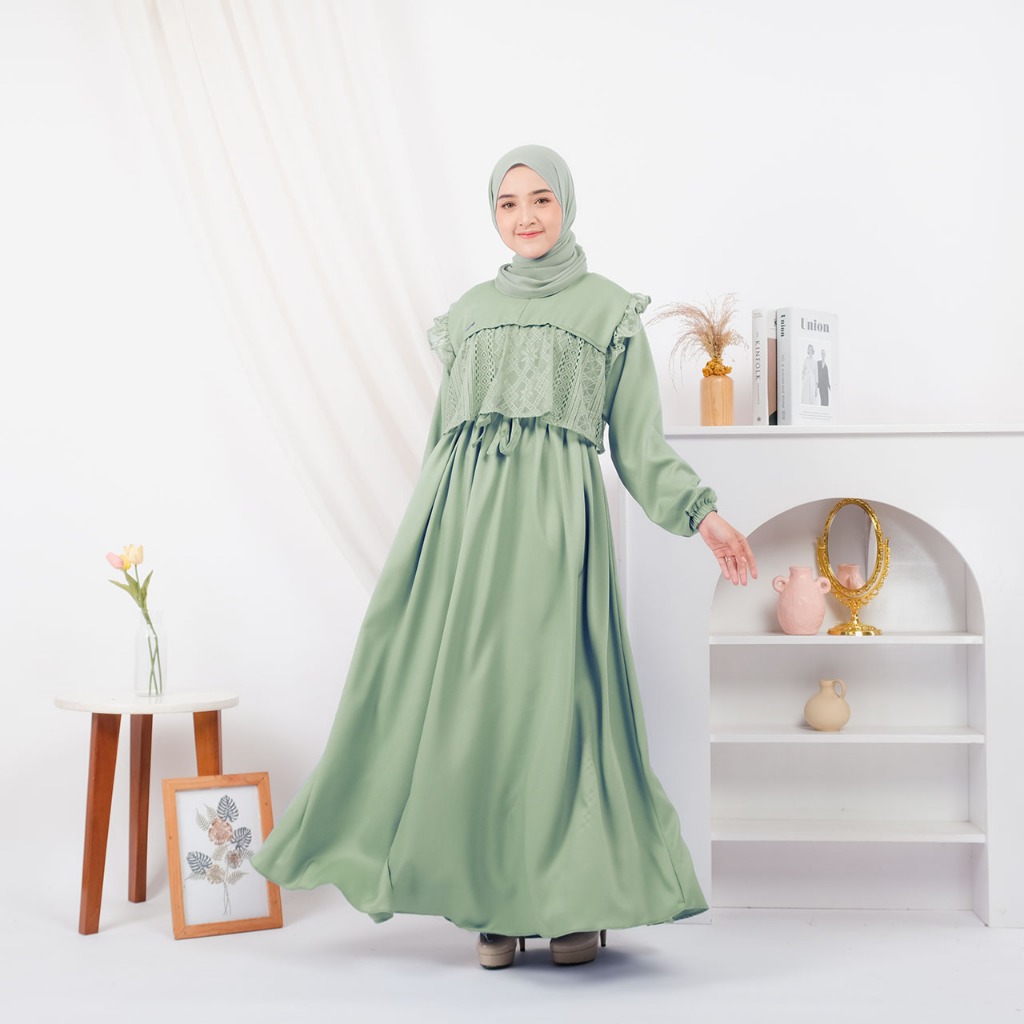 Maria Collection Meysha Dress Gamis Elegan Kondangan Muslim Mewah Shakila Kombinasi Brokat Cantik Wanita Nyaman S fit L Busui-6