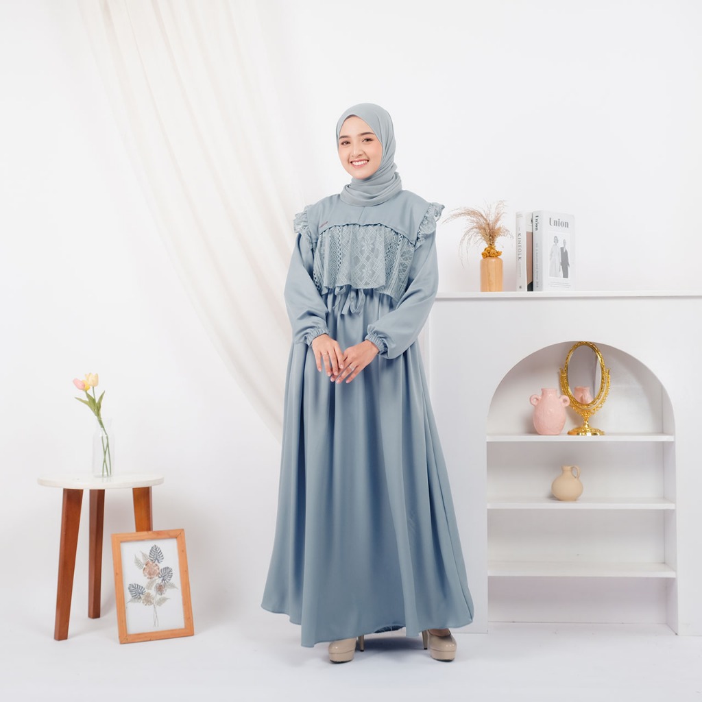 Maria Collection Meysha Dress Gamis Elegan Kondangan Muslim Mewah Shakila Kombinasi Brokat Cantik Wanita Nyaman S fit L Busui-silver