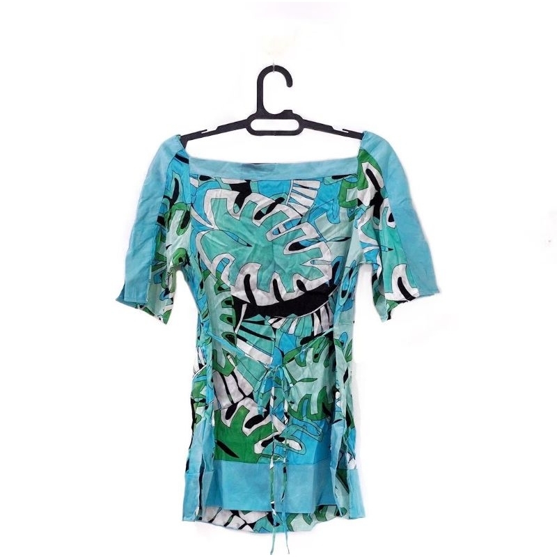 ORI Bebe Blue Green Black White Flower Leaves Top - Atasan Hem / Kemeja Kerja / Kantor Wanita Lengan
