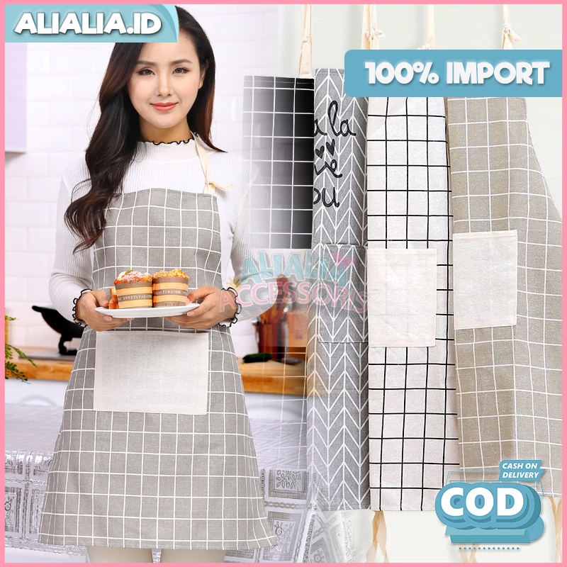 Celemek Masak Kain Apron Chef Motif Kotak Kotak Bahan Katun Aksesoris Dapur