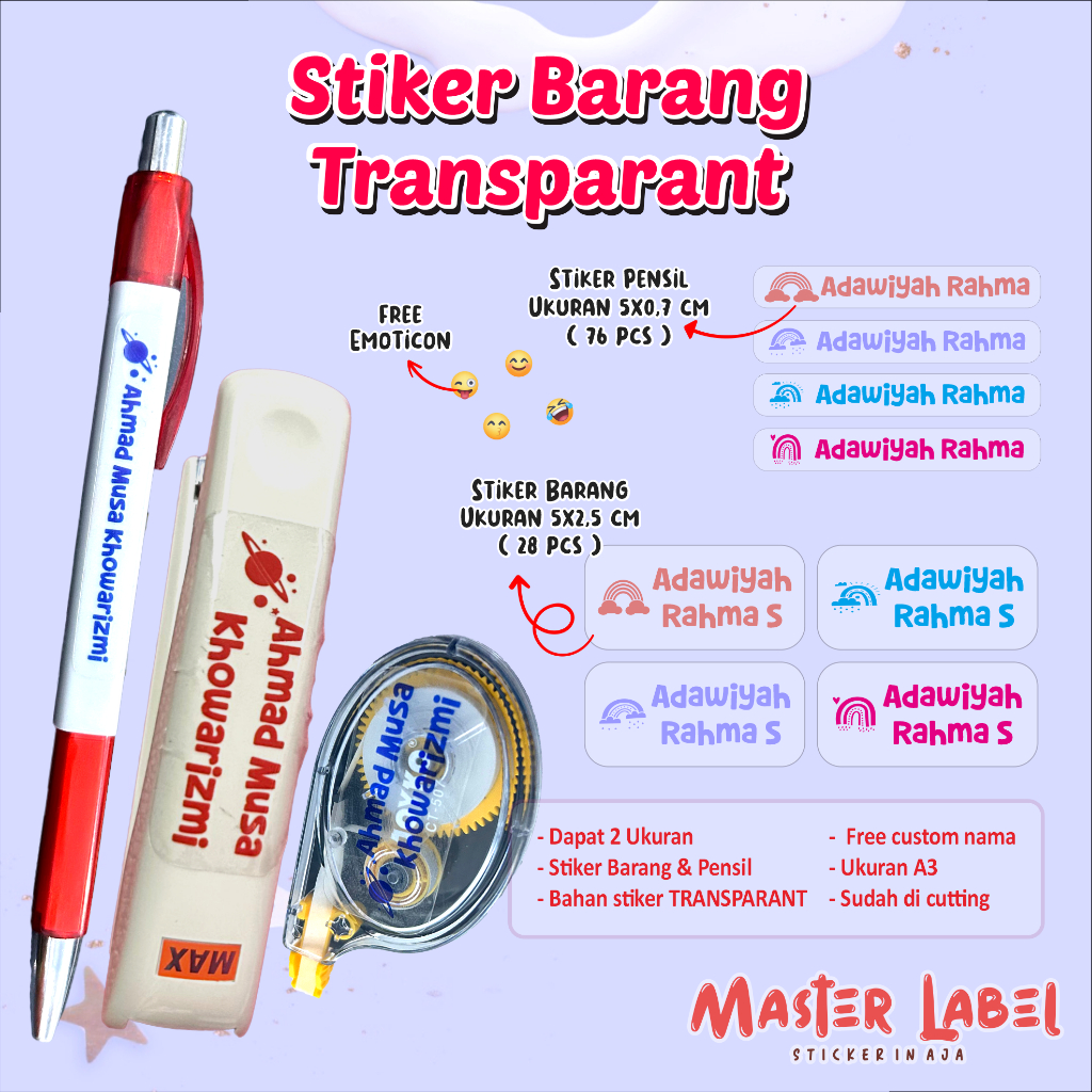 

Stiker Nama Custom Transparant Stiker Barang stiker PENSIL uk A3 ISI 104pcs stiker