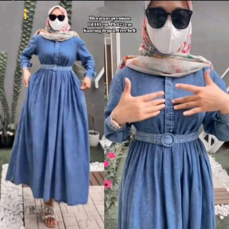 Denim hijab dress jeans gamis belt cantik