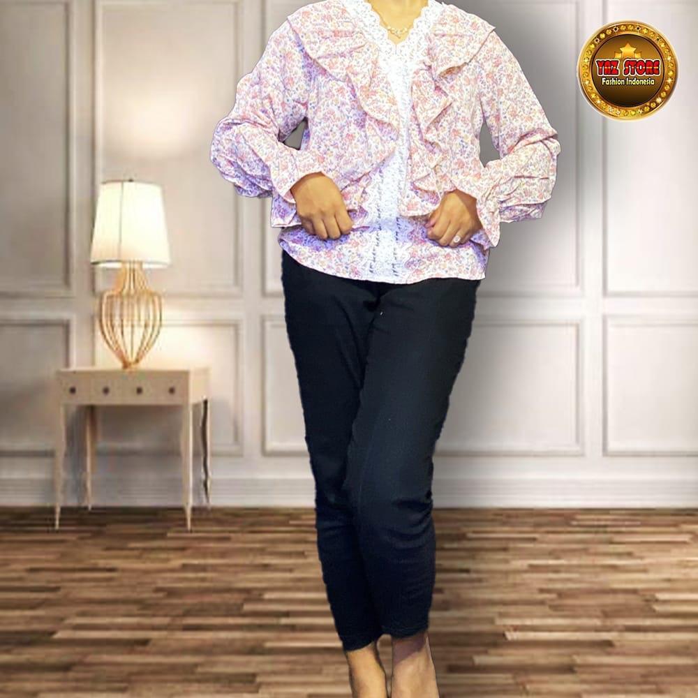 SONIA Blouse Korean Style Sifon Motif Bunga/Blouse Ruffle Sifon/Atasan Wanita Ruffle Terbaru