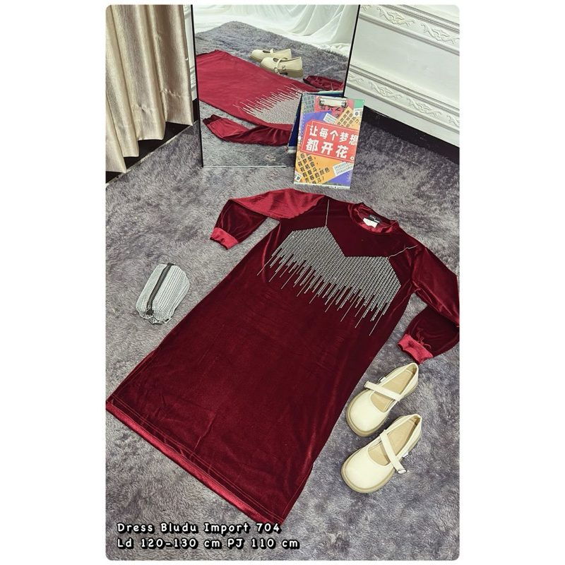 Dress bludru velvet lengan panjang