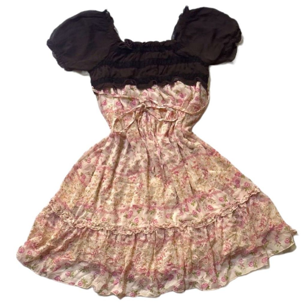 Babydoll Cottagecore Two Tone Puffy Floral Dress | Waist Tied Up Lace Balloon Dres Gaun Tea Party ba