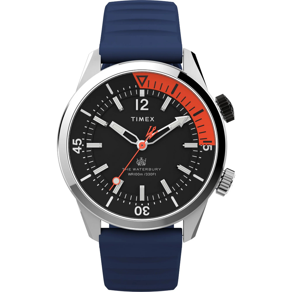 Jam Tangan Timex TW2V73500 Waterbury Dive 41mm Stainless Steel Black Dial Blue Rubber Strap