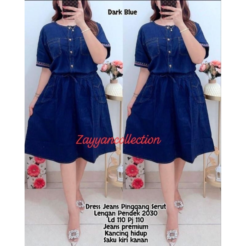 Dress jeans  Korea serut tali ikat pinggang /baju wanita saku kaki dress jeans HQ