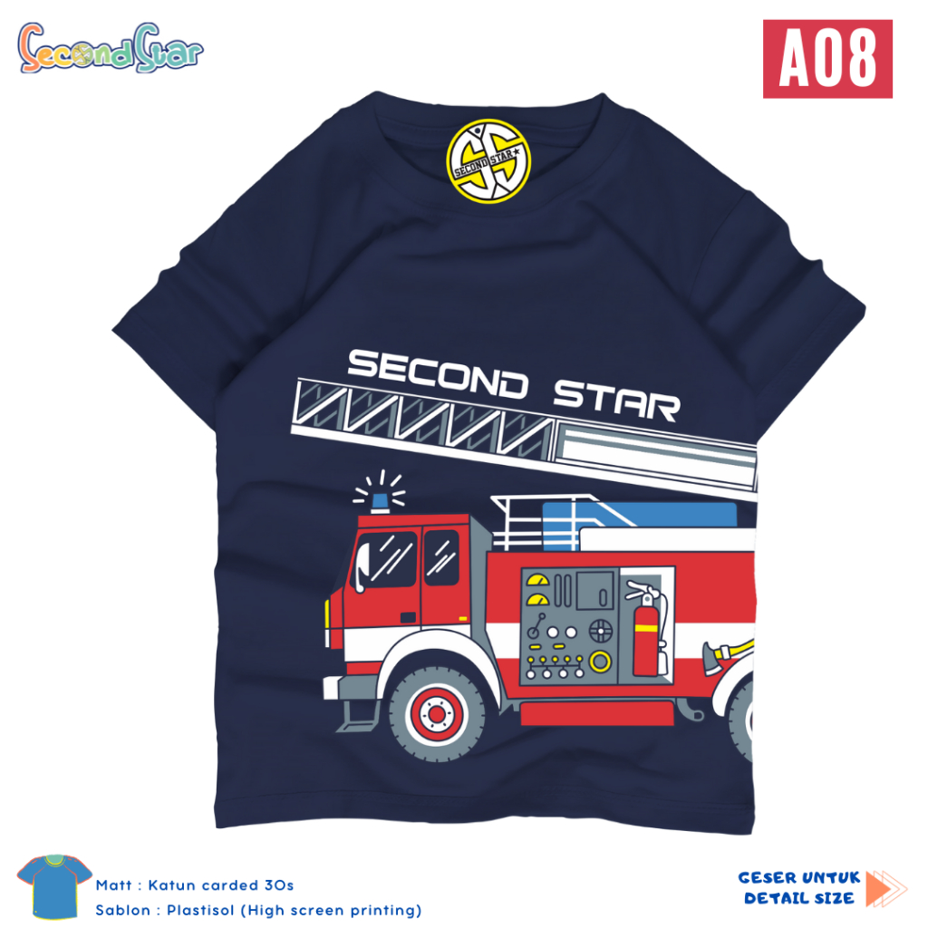 Secondstar Baju Kaos Distro Anak Laki laki Premium Umur 1-12 Tahun Bahan Cotton Carded Motif Damkar 
