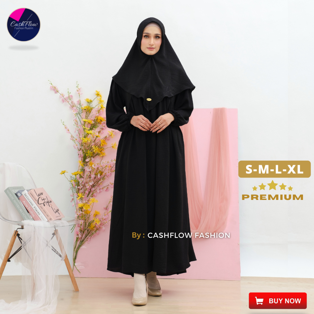 Gamis Wanita Warna Hitam Polos Terbaru Set Hijab Khimar Remaja Muslim Crinkle Premium Lebaran 2025