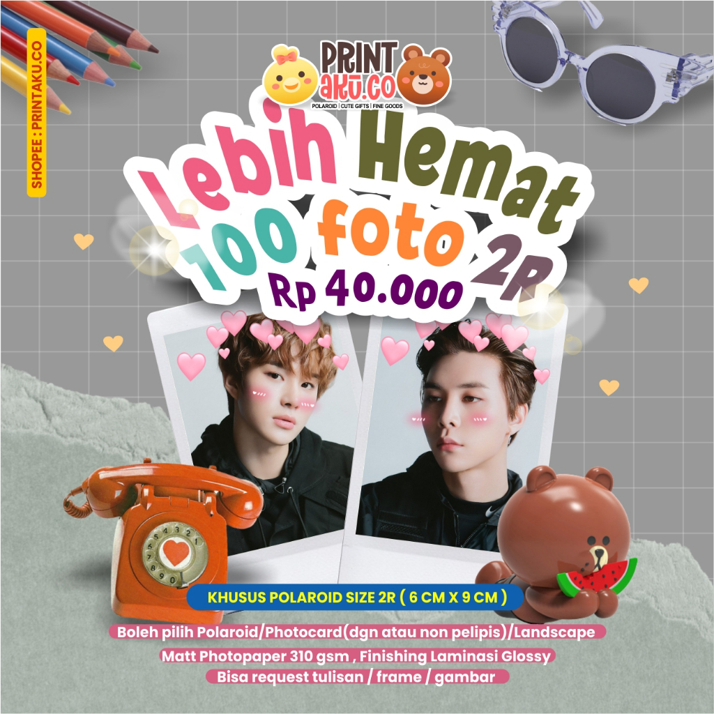 [Isi 100 Pcs] Print Foto Polaroid Photocard/2R | Bebas Custom Frame Background | Photopapper 310 gsm