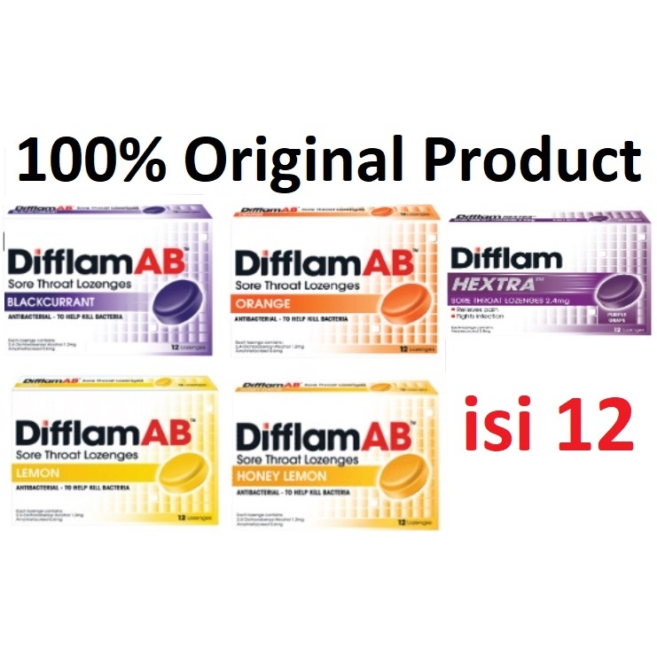 Exp Jan 2026 - Difflam AB A B Hextra DifflamAB Sore Throat Lozenges Honey Lemon Orange Blackcurrant 12s Isi 12 pcs