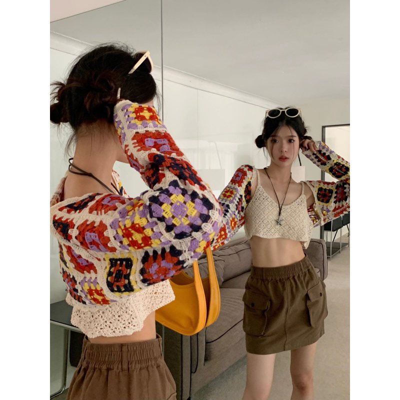 bohemian Knit Cardigan Outer Crop Sweter Rajutan  Etnik Retro Korea Selendang Mantel cardigan kotak