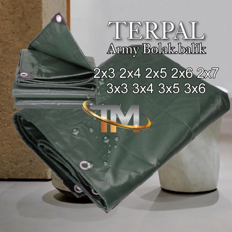 Terpal Plastik A20 Korea Army hijau botol bolak balik 2x5 2x3 3x4 3x5 2x4 3x3 tebal waterproof
