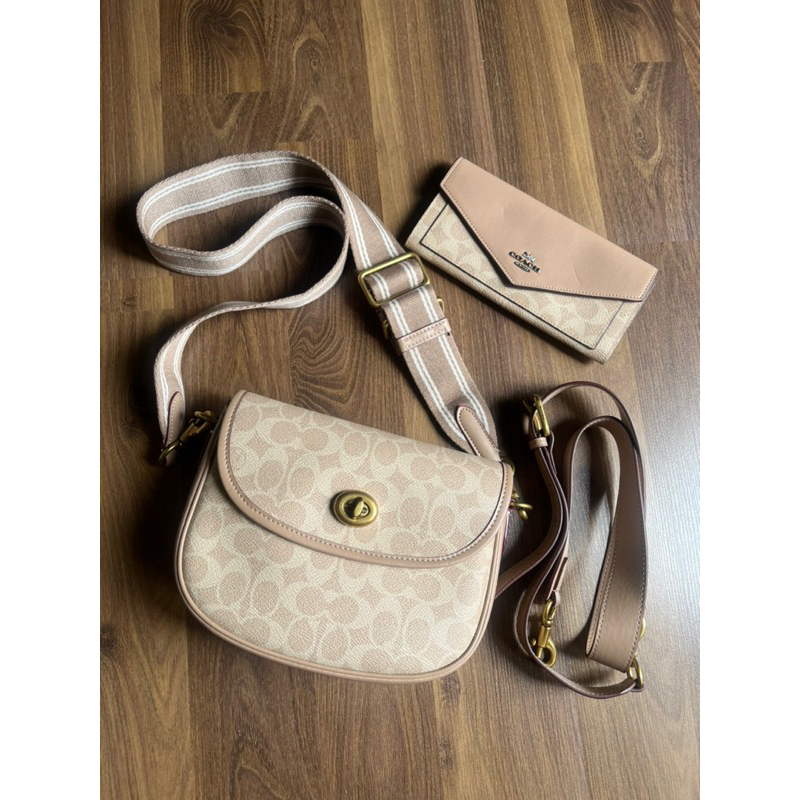 Coach Willow Saddle Bag in Signature canvas, Beige (Bonus Coach Wallet)
