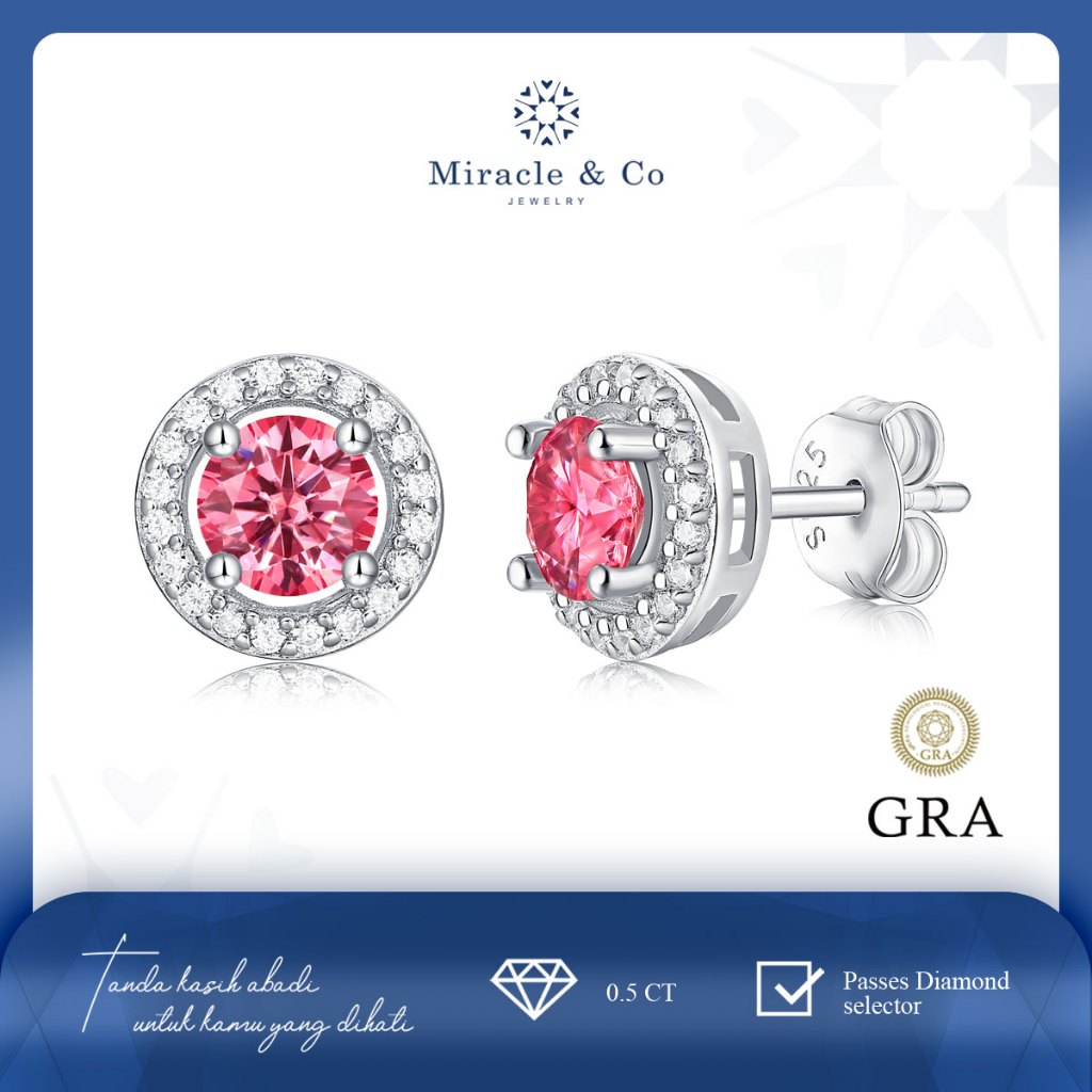 Miracle & Co - Anting Luxury Pink Round Shape - Anting Wanita Batu Berlian Moissanite Asli Sertifika