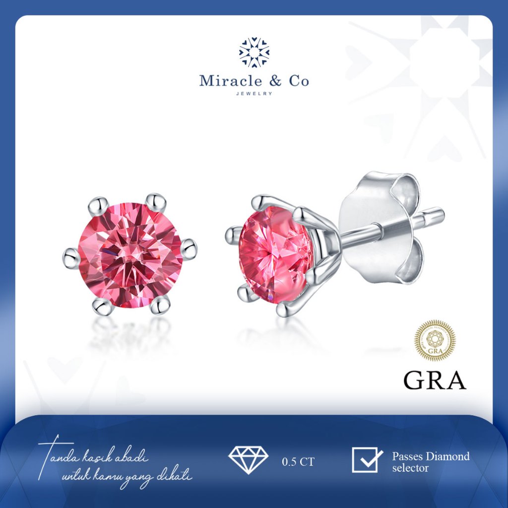 Miracle & Co - Anting Six Claws Pink  - Anting Wanita Batu Berlian Moissanite Asli Sertifikat GRA La