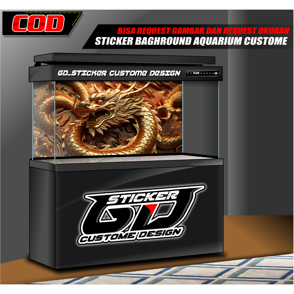 STICKER AQUARIUM BACKGROUND WALLPAPER NAGA 3D DRAGON GOLD