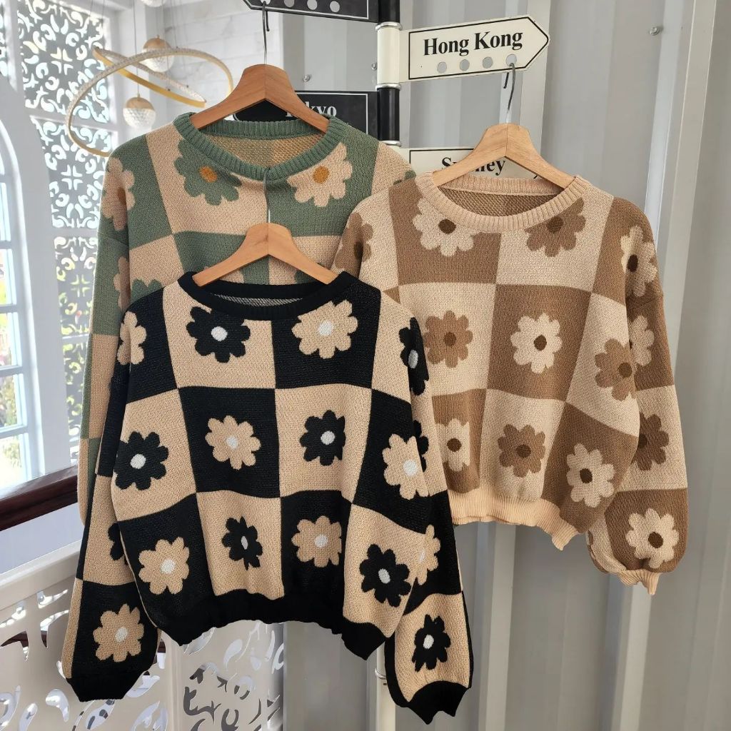 Catur Flower Crop sweat Outher Sweater Rajut / Sweater Rajut Wanita Trendi / Baju Rajut Anak Remaja 